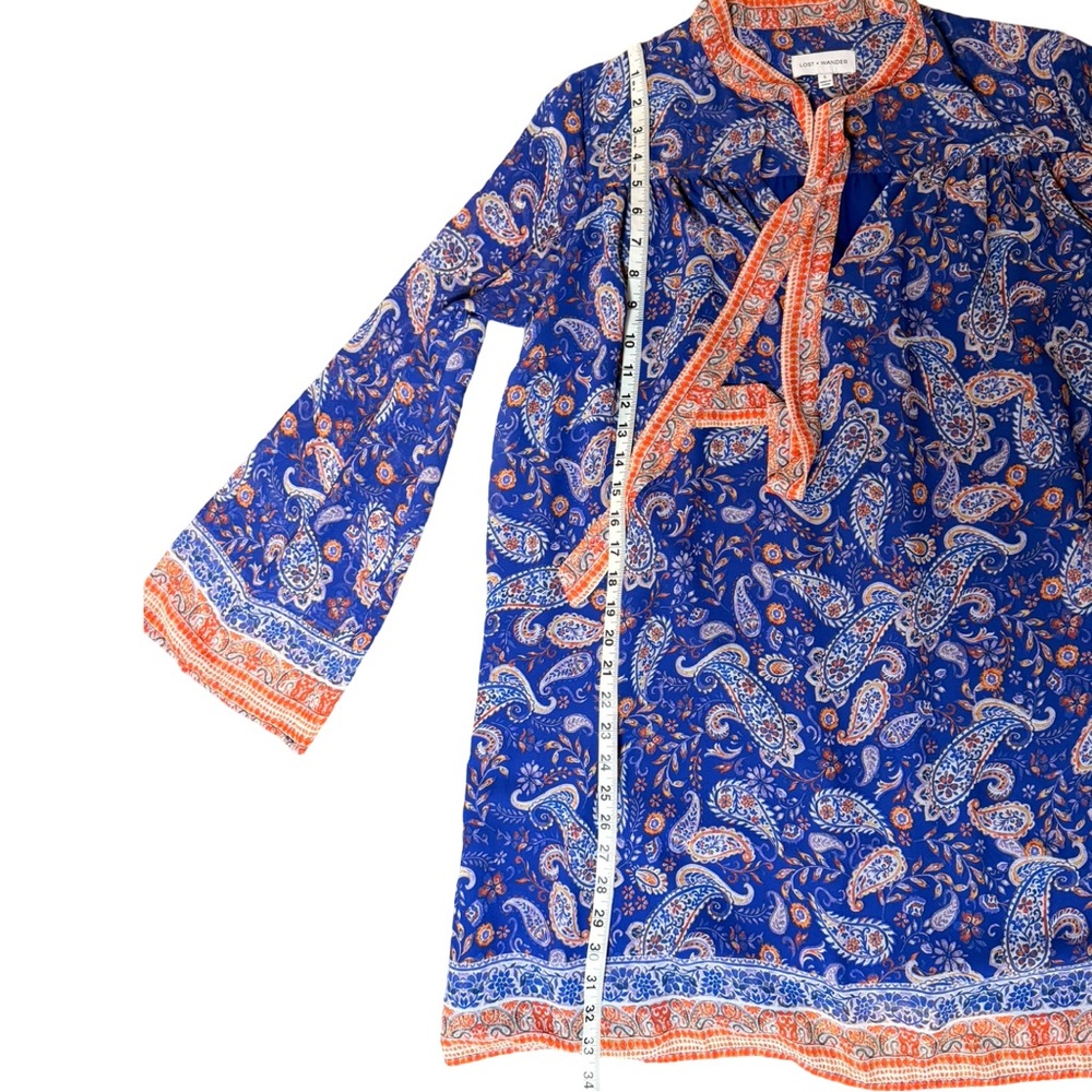 Lost + Wander Blue Paisley Tie-Neck Mini Dress Long Bell Sleeve – Size Small - Picture 11 of 12